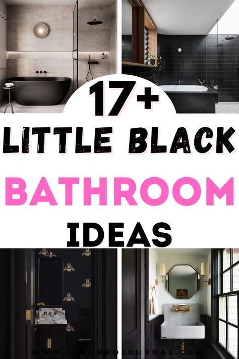 Use this collection of Little Black Bathroom Ideas to bring a fresh, stylish vibe to your home. From bold color palettes to sleek finishes, these ideas will help you create a bathroom that feels both sophisticated and cozy. See how Little Black Bathroom Ideas can make a small space feel elegant and modern. Paint Color For Black And White Tile Bathroom, Black Bathroom Fixtures Inspiration, White Bathroom With Black Accents, Black And White Half Bathroom, Black Half Bathroom, Small Dark Bathroom, All Black Bathroom, Black Bathroom Ideas, Black Powder Room