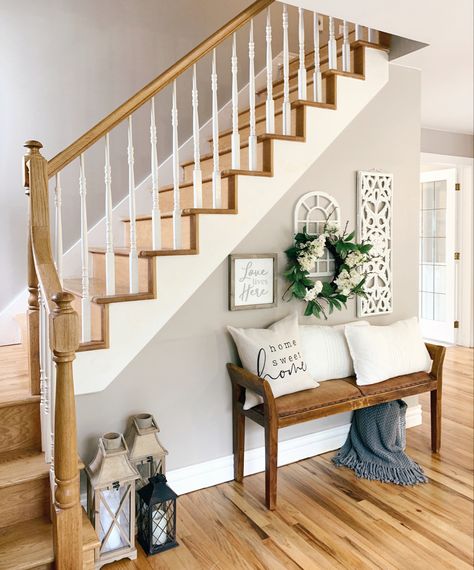 Bottom Staircase Decor, Beside The Stairs Ideas, Bench Stairs Entryway, Stair Bench Entryway, Bench Beside Staircase, Side Of Staircase Decor, Stair Entrance Decor, Bench Under Stairs Entryway, Entryway Decor Under Stairs