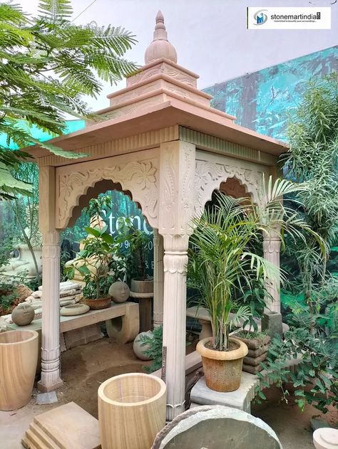 Outdoor Temple Design For Home, Outdoor Mandir Design, Stone Gazebo, Shiv Temple, Garden Temple, Puja Ghar, Ganpati Decoration At Home, Indian Temple Architecture, Art Deco Artwork