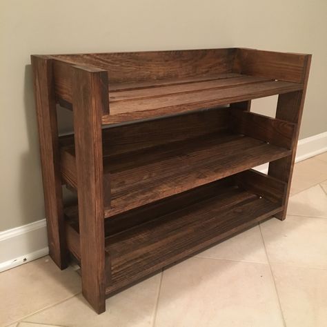 Simple diy shoe rack made from 1x4's and stained with minwax provincial Wood Shoe Rack Plans, Simple Shoe Rack Ideas Diy, Shoe Rack Build, Diy Western Shoe Rack, Cedar Shoe Rack, Diy Wood Shoe Rack Closet, Diy Wood Shoe Rack Entryway, Diy Shoe Rack Pallet, Handmade Shoe Rack