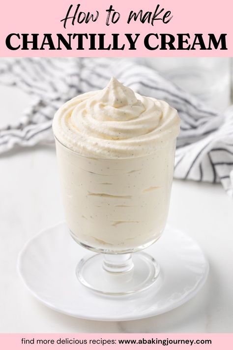 This Crème Chantilly (Chantilly Cream) recipe is super quick and easy to prepare with only 3 ingredients and in less than 15 minutes. This lightly sweetened whipped cream is an delicious topping or filling for your favourite cakes, pastries, desserts, pies, breakfast, hot drinks or simply served over fresh fruit! Homemade Bavarian Cream, Chantilly Cream Recipe, Creamy Chocolate Dessert, Bavarian Cream Filling, Cake Filling Recipes, Bavarian Cream, Cakes And Pastries, Chantilly Cream, Individual Desserts