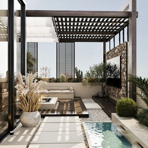 ROOFTOP DESIGN :: Behance Exterior Terrace Design, Rooftop Interior Design, Industrial Rooftop Terrace, Terrace Pools Rooftops, Top Roof Garden Ideas, Roof Garden With Pool, Roof Patio Design, Pergola On Terrace, Rooftop Ideas House