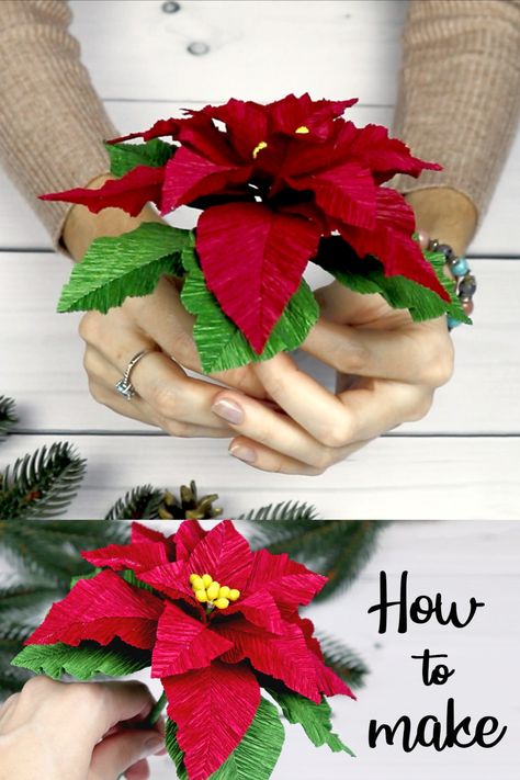 Crepe Paper Poinsettia Flower Tutorial, Poinsettia Crepe Paper Flowers, How To Make Pointsetta Flowers, Paper Ponsetia, Paper Pointsetia, Poinsettia Paper Flowers Template, Crepe Paper Poinsettia, Poinsettia Centerpiece Diy, How To Make Christmas Flowers