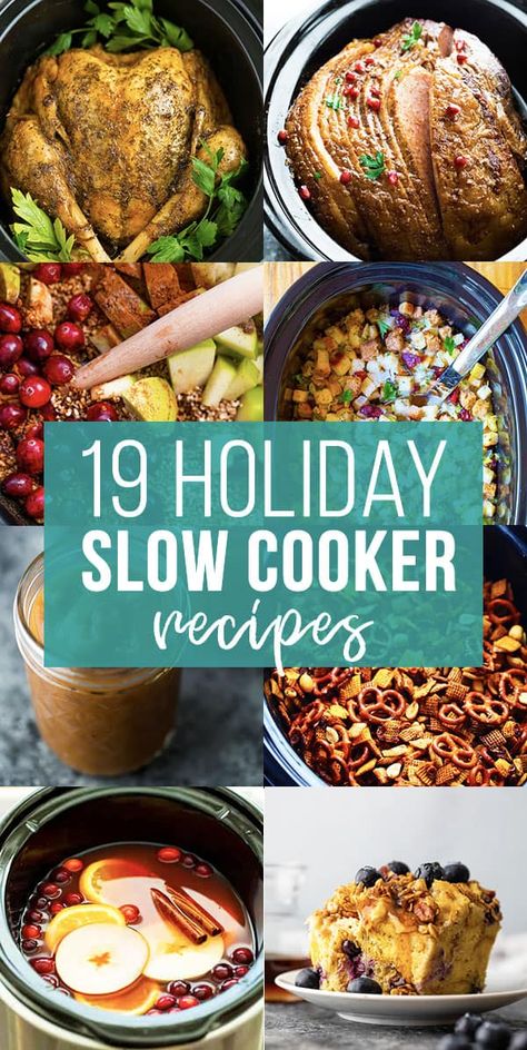 collage image that says 19 holiday slow cooker recipes Crockpot Holiday Meals, Holiday Crockpot, Slow Cooker Holiday Recipes, Slow Cooker Christmas, Slow Cooker Sweet Potatoes, Best Crockpot Recipes, Slow Cooker Pumpkin, Slow Cooker Meatballs, Pot Dinners