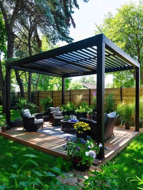 Patio Deck Ideas, Garden Aesthetics, Patio Pergola, Back Garden Design, Backyard Gazebo, Backyard Renovations, Backyard Remodel, Backyard Pergola, Diy Backyard Landscaping