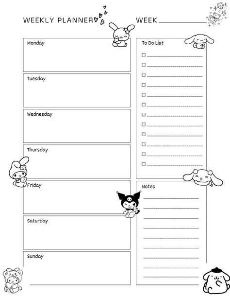 Weekly planner template #kidplannerprintable Sanrio Weekly Planner Template, Sanrio Calendar 2024 Printable, Cute Weekly Planner Template Aesthetic, Sanrio Planner Printables, Anime Planner Template, Sanrio Planner Template, Good Note Templates, Dashboard Planner Layout, Sanrio Weekly Planner