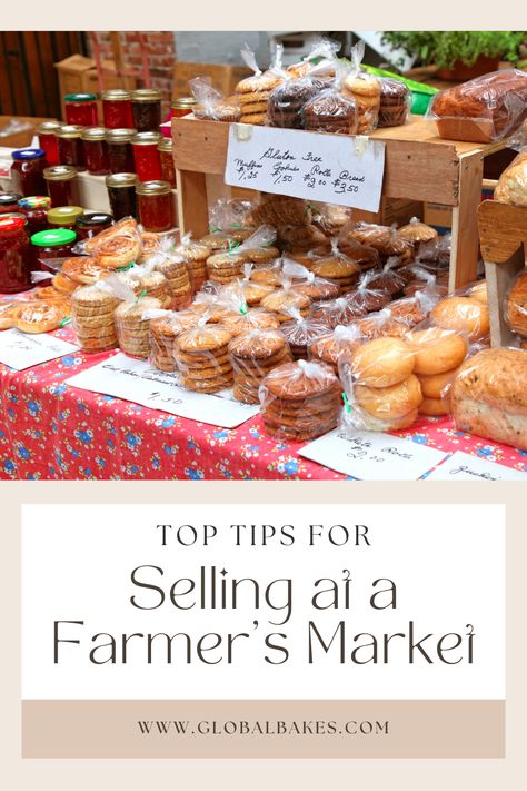 Artisan Bread Display Farmers' Market, Best Food To Sell At Farmers Market, How To Sell Baked Goods At Farmers Market, Baking For Markets, Desserts For Farmers Market, Farmers Market Price List, Selling Canned Goods, Baked Goods Sale, Selling Coffee At A Farmers Market