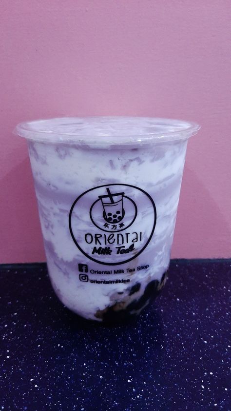 A yummy milk tea flavor from Oriental Milktea Taro Cheesecake, Flavored Tea, Tea Shop, Milk Tea, Shot Glass, Cheesecake, Milk, Tea, Tableware