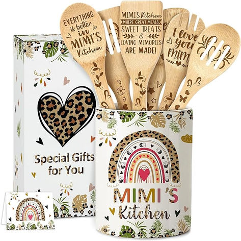 Mimi Gifts, Ceramic Utensil Holder for Cooking with Wooden Spoons Mothers Day Gifts for Mimi From Grandkids, Mimi Birthday Gifts Cooking Tools Kitchen Utensils Set with Wooden Spoons for 6 Gifts For Mimi, Mimi Gifts, Mimi Birthday, Ceramic Utensil Holder, Kitchen Utensils Set, Bonus Mom Gifts, Moms Cooking, Mimi Gift, Utensils Set