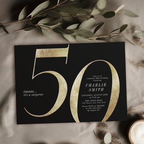 Modern minimalist black and gold 50th birthday invitation Birthday Invitations Black And Gold, 65th Birthday Invitations, Milestone Birthday Invitations, Surprise 30th Birthday, Elegant Birthday Invitations, 30th Birthday Party Invitations, 40th Birthday Party Invites, Surprise Birthday Invitations, 70th Birthday Invitations