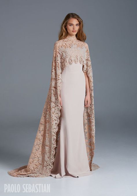 1605 Wedding Dress from Paolo Sebastian wedding dresses SS 2015/2016 - Silk gown with beaded lace cape - see the rest of the collection on www.onefabday.com Vintage Gowns Prom, Gown Cape, Summer Couture, Gaun Koktail, Paolo Sebastian, Couture 2015, Padme Amidala, White Gown, فستان سهرة