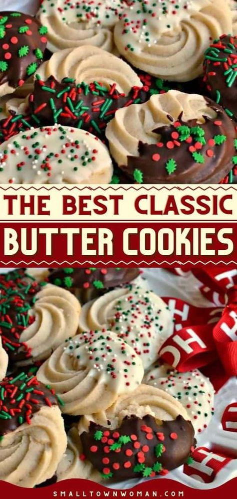 A classic addition to your Christmas cookie trays! This holiday baking recipe is one of the BEST. While these easy homemade butter cookies are already beautiful and flavorful, you can put an extra special touch! How To Make Christmas Cookie Boxes, Christmas Cookie Boxes Recipes, Christmas Cookies Butter, Christmas Dessert Tin Ideas, The Best Butter Cookies, Holiday Dessert Box Ideas, Butter Christmas Cookies Recipes, Classic Butter Cookies, Christmas Butter Cookies Recipes Easy