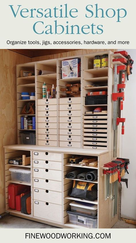 Having spent many hours documenting clever shop storage solutions in visits to woodworkers around the country, Asa Christiana incorporated some of the most ingenious when building his own shop cabinets, most notably from Clark Kellogg. His system includes tongue-and-groove drawers with labels, plywood shelves that can be set to any depth using a series of slots, a stack of shallow drawers for sandpaper and disks, and a place to add a clamp rack. Arbejdsplads Garage, Workshop Workbench, Clamp Rack, Garage Organizing, Workshop Cabinets, Plywood Storage, Work Shops, Work Trailer, Tool Storage Cabinets