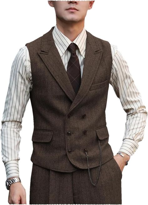 Amazon.com: Zeattall Men Vests Wool Herringbone Tweed Suit Vest Double Breasted Waistcoat : Clothing, Shoes & Jewelry Ivy Style Men, Brown Suit Vest, Edwardian Mens Fashion, Vest Men Outfit, Suit Vest Men, Suit Vest Outfits, Peak Lapel Suit, Mens Dress Vests, Vest Outfits Men