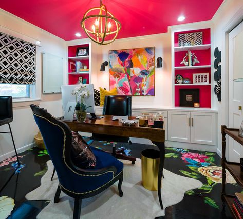 Home office is interior designer’s bold portfolio sample in itself - HoustonChronicle.com Bold Design Interior, Office Decor Eclectic, Maxamilist Office, Bold Color Office, Geek Office Ideas, Eccentric Home Office, Cool Home Office Space, Black Woman Home Office, Hot Pink Home Office