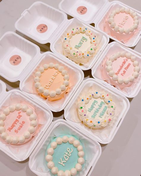 Lunchbox Cake Packaging, Lunch Box Cake Ideas, Mini Cake Packaging Ideas, Aesthetic Lunchbox Cake, Mini Lunchbox Cakes Design, Lunch Box Cakes, Korean Lunch Box Cake Aesthetic, Lunch Cake, Lunch Box Cake