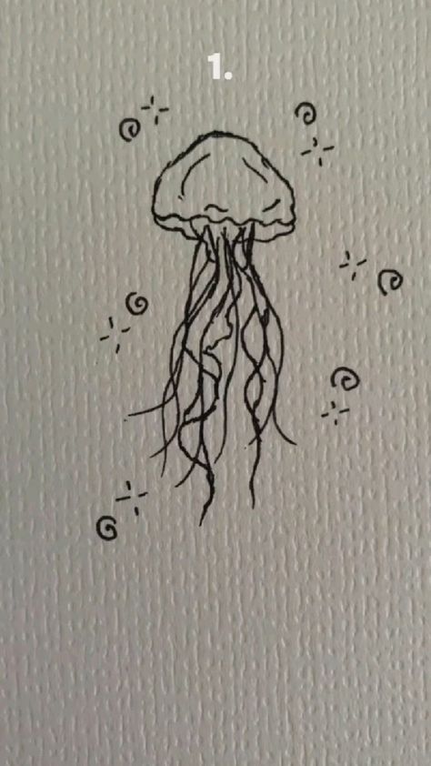 Fish Doodle Drawing, Easy Marine Life Drawing, Jelly Fish Doodle Easy, Mini Doodles Drawing Aesthetic, Draw Jellyfish Easy, Jelly Fish Art Drawing, Cute Jellyfish Drawing Easy, Cute Jelly Fish Drawing, Jelly Fish Drawing Sketches Easy