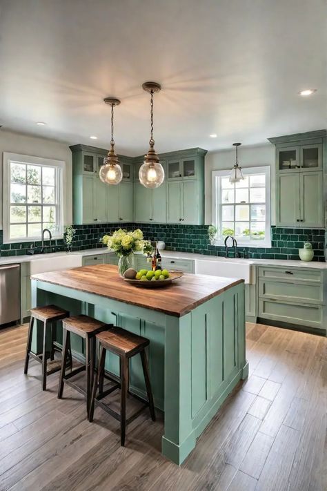 A tranquil coastal kitchen with soft green shakerstyle cabinets a classic subway Turquoise Green Kitchen Cabinets, Seafoam Green Cabinets, Beach Cabinets Kitchen, Seafoam Green Kitchen Backsplash, Mint Color Kitchen, Sea Foam Kitchen, Mint Green Kitchen Cabinets, Blue And Green Kitchen, Turquoise Kitchen Cabinets