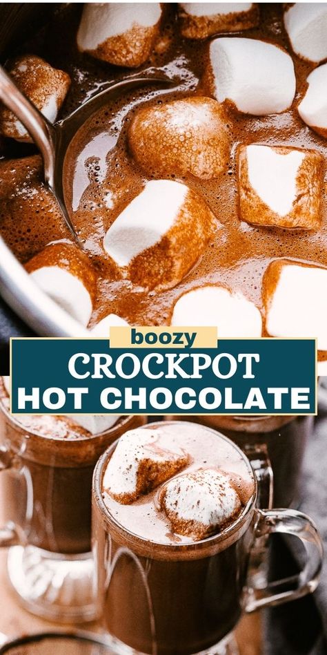 Enjoy this Spiked Crockpot Hot Chocolate, a rich, creamy, and boozy delight perfect for holiday gatherings and designed for a crowd. Hot Cocoa Shots, Crockpot Spiked Hot Chocolate, Alcohol Hot Chocolate Drinks, Spiked Hot Chocolate Bar, Crockpot Hot Cocoa For A Crowd, Hot Chocolate Cocktails, Hot Chocolate With Alcohol, Boozy Hot Chocolate Bar, Hot Chocolate Alcoholic Drinks