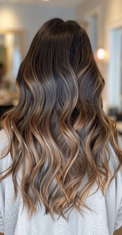 fall hair color ideas for brunettes #FallHairColors #BrunetteHair #AutumnHairTrends #WarmTones #BrunetteBalayage #RichShades #SeasonalHair #HairInspo #CaramelHighlights #ChocolateBrownHair Fall Brunette Hair Color Balayage Long, Blended Brown Hair, Fall Ombre Hair Brunette, 2024 Fall Hair Colors, Natural Balayage Brunette, Balayage For Brunette, Blonde Highlights Bangs, Balayage Pattern, Low Maintenance Brunette Balayage Hair