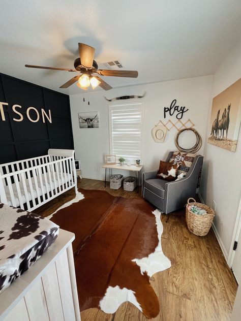 Western Nursery Paint Colors, Nursery Room Layout Ideas, Wildlife Theme Nursery, Ranch Themed Nursery, Western Nursery Ideas Farmhouse, Country Theme Nursery, Nursery Decor Western, Cow Rug Nursery, Western Chic Nursery