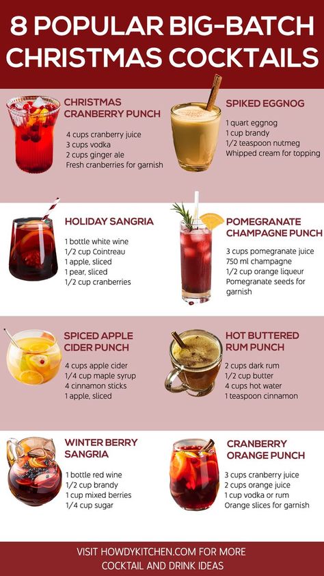 A vibrant guide to 8 popular big-batch Christmas cocktails, featuring drinks like Cranberry Orange Punch and Spiked Eggnog, great for serving at holiday parties. Drinks To Serve At A Party, Holiday Boozy Punch, Christmas Party Batch Cocktails, Premade Holiday Cocktails, Christmas Adult Drinks Easy, Holiday Cocktails Batch, Winter Drink Ideas Alcohol, Christmas Cocktails In A Pitcher, Cocktails Recipes Christmas