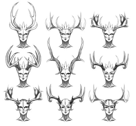 Antler Horns Drawing, Horns Art Reference, Oc With Antlers, Antler Drawing Reference, Antler Character Design, Antlers Drawing Reference, Horns Concept Art, Antlers Reference, Horn Concept Art