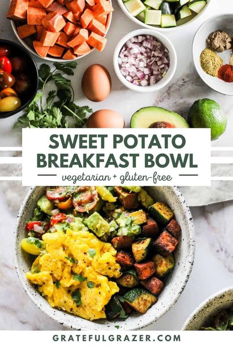 A Sweet Potato Breakfast Bowl satisfies the biggest savory breakfast cravings. Warm and spicy vegetables and scrambled eggs are balanced with a bright and creamy tomato avocado salad in this Mexican-inspired morning meal. #GratefulGrazer #BreakfastBowl #VegetarianBreakfast #GlutenFreeBreakfast Sweet Potato Breakfast Bowl, Potato Breakfast Bowl, Spicy Vegetables, Breakfast Cravings, Tomato Avocado Salad, Breakfast Vegetables, Potato Breakfast, Tomato Avocado, Avocado Tomato Salad