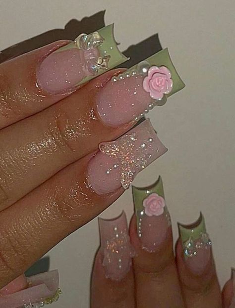 Short Cute Green Nails, Pink And Green Square Nails, Nail Inspo Sanrio, Simple Green Nail Designs, Colorful Square Nails, Cute Elegant Nails, Nails Acrylic With Charms, Princess Nails Aesthetic, Tiana Nails