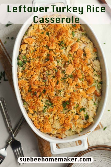 This Leftover Turkey Rice Casserole is a great way to use up holiday leftovers, and tastes amazing too. Make your own cream of chicken soup for a healthier creamy texture, and enjoy this delicious family favorite! Rice Turkey Casserole, Turkey And Rice Casserole Recipes, Leftover Turkey Rice Casserole, Casserole With Leftover Turkey, Leftover Turkey And Rice Recipes, Turkey Rice Casserole Recipes, Turkey Leftover Recipes Casseroles, Turkey Broccoli Rice Casserole, Turkey Rice Recipes