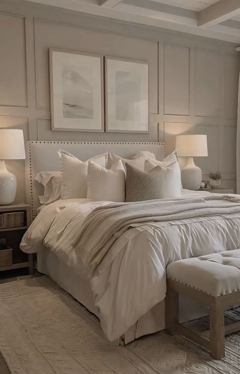 Room Decor Luxury Bedroom Ideas, Bedroom Ideas White Minimalist, Best Master Bed Paint, King Size Bedroom Ideas Decor, Luxury Master Bedrooms Decor Elegant, Owners Retreat Bedrooms, Master Bedrooms Simple, Home Decor Bedroom Master Small Rooms Storage Ideas Ideas, Master Bedrooms Decor Cozy Color