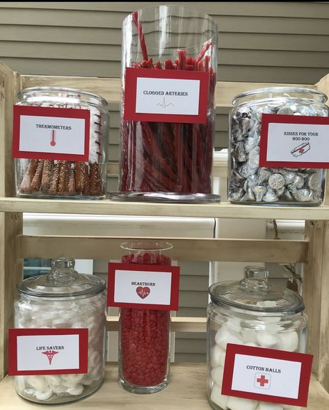 Nurse Theme Dessert Table, Medical Themed Food Ideas, Nursing Home Party Themes, Nurse Grad Centerpieces, Grays Anatomy Party Ideas, Nurse Candy Bar Ideas, Doctor Centerpieces, Nurse Candy Table, Nurse Graduation Ideas Themed Parties