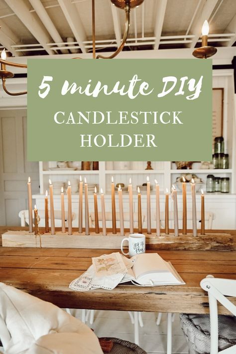 Diy Candlestick Holders Wood, Diy Wooden Candle Holders Rustic, Wood Taper Candle Holders Diy, Candle Board Diy, Tapered Candle Holders Diy, Diy Long Candle Holders, Diy Tapered Candles, Bottle Candle Holder Diy, Taper Candle Holders Diy