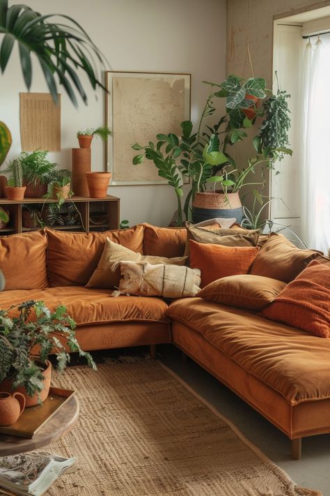 25 Boho and Earthy Living Room Inspirations - TastyInteriors Living Room Arches Interiors, Autumn Aesthetic Cozy Living Room, Rustic Orange Couch Living Room, Boho Artsy Living Room, Low Lounge Seating, Hippy Interior Design, Terra Cotta Couch Living Rooms, Earth Tone Couch, Terra Cotta Sofa