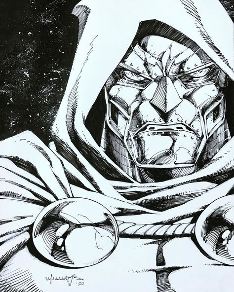 Scott Williams ECCC2020 on Instagram: “Doctor Doom! @emeraldcitycomiccon sketch! Interested? See you in a few weeks. #doctordoom #fantasticfour #scottwilliams #sketch #seattle” Mr Doom Drawing, Dr Doom Line Art, Doctor Doom Sketch, Doctor Doom Comic Icons, Dr Doom Comic Panel, Doctor Doom Art, Doctor Doom Marvel, Comic Art Sketch, Spiderman Art Sketch