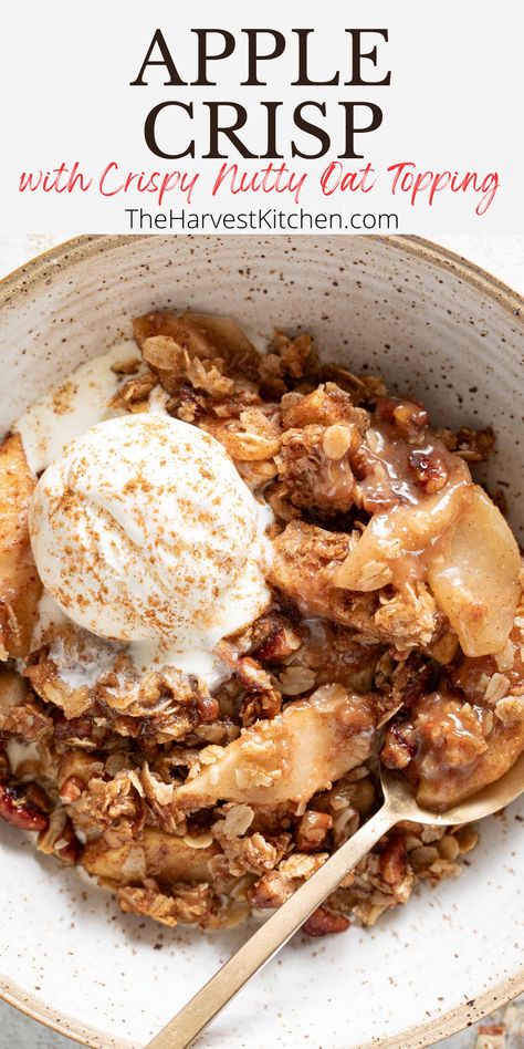 Apple Crisp is everything we love about Fall. This easy recipe for apple crisp is made with the perfect blend of juicy apples, warm spices and a crispy oat nut topping. Serve it straight from the oven with vanilla ice cream and watch it disappear! Sugar Free Apple Crisp, Strudel Topping, Apple Crisp Without Oats, Healthy Fall Desserts, Classic Fall Desserts, Healthy Holiday Desserts, Apple Crisp Topping, Vegan Apple Crisp, Easy Apple Crisp