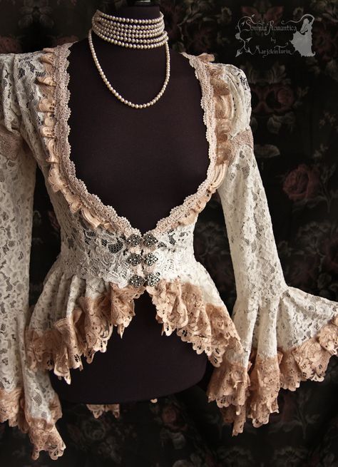 New cardigan, in bridal lace with vintage lace hemming. Love working with these colours, as they give such a vintage, Art Nouveau feel and remind me of some beautiful sea shells ^^ For all my sites... Late Victorian Fashion, Slim Blouse, Trumpet Sleeve, Mode Boho, Victorian Art, Moda Vintage, Fantasy Fashion, Bridal Lace, Cottage Chic