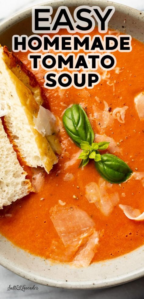 closeup of a bowl of soup with bread and text overlay that reads easy homemade tomato soup Tomatoe Soup Canning Recipes, Tomato Soup With Tortellini Easy, East Tomato Soup Recipe, Homemade Tomato Soup Recipe Video, Pantry Tomato Soup, Tomato Soup From Crushed Tomatoes, Tomato Soup Recipe Canned Tomatoes, Homemade Tomato Soup From Tomato Sauce, Tomato Soup Freezer