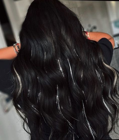 Hair Tinsel, Jet Black Hair, Fairy Hair, Dyed Hair Inspiration, Trendy Hairstyle, Pretty Hair Color, Glitter Hair, Long Black Hair, Hair Stylist Life