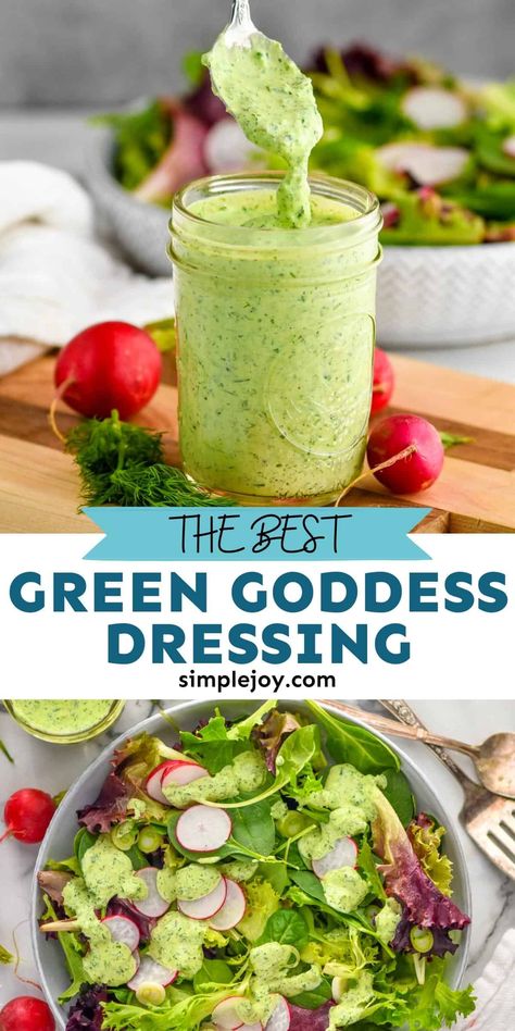 Green Goddess Dressing is easy to make and adds a bright and fresh taste to any salad. Use this salad dressing recipe as a dip for veggies for a healthy light snack! Green Goddess Salad Recipe, Healthy Dressing Recipes, Goddess Dressing Recipe, Green Goddess Salad Dressing, Green Salad Dressing, Green Goddess Salad, Goddess Salad, Healthy Dressing, Salad Dressing Recipes Healthy