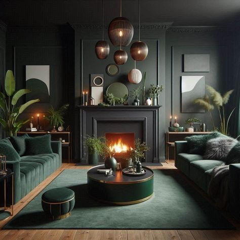 Dark Olive Walls Living Room, Green Couch Living Room Fireplace, Dark Room Fireplace, Phthalo Green Living Room, Hunter Green Fireplace, Dark Green Black Living Room, Colour Palette With Dark Green, Dark Green And Gray Living Room, Dark Green Lounge Ideas