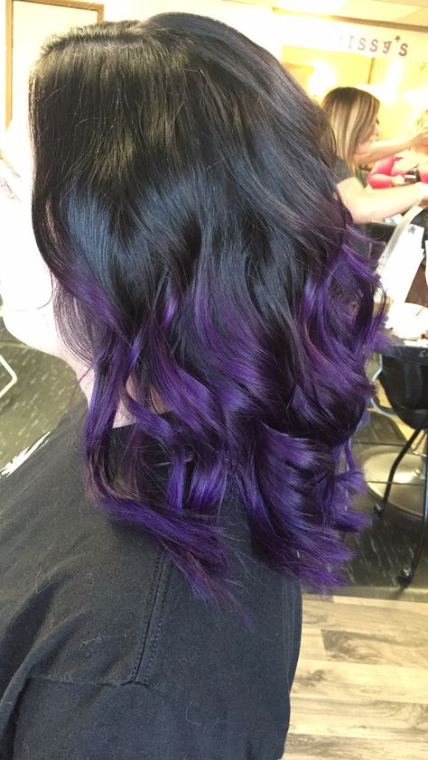 Black Hair With Purple Ends, Bleach Brown Hair, Short Haircuts Wavy Hair, Purple Hair Tips, Purple Peekaboo Hair, Purple Black Hair, Dark Purple Hair Color, Purple Brown Hair, Medium Length Brown Hair