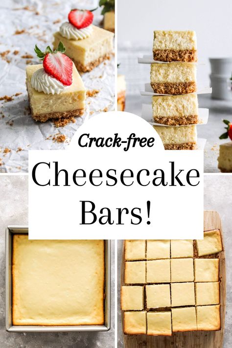 4 photos of cheesecake bars: first photo shows sliced bars in parchment paper, second photo shows sliced bars stacked, third photo shows baked cheesecake in pan, fourth photo shows sliced cheesecake on cutting board Classic Cheesecake Bars, Cheesecake For A Crowd Parties, Baked Cheesecake Bars, Square Cheesecake Bites, Cheesecake Bars Wedding, Sheet Pan Cheesecake Recipes, Small Batch Cheesecake Bars, Sheet Pan Cheesecake Bars, Best Cheesecake Ever