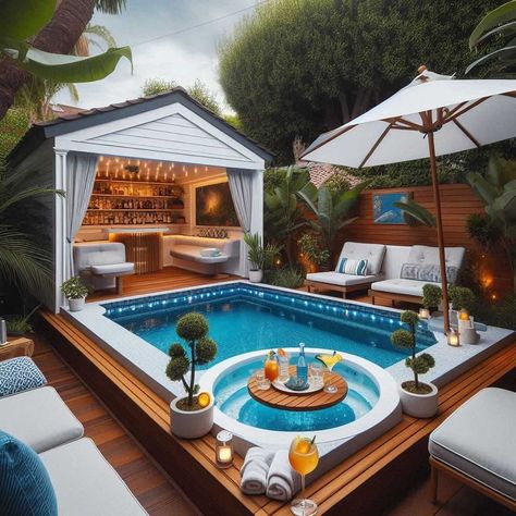 38 Small Backyard Pool Ideas: Maximizing Your Outdoor Oasis » HomeDecorFull Plunge Pool And Hot Tub Combo, Small Wading Pool Backyard, Small Pool Patio Decorating Ideas, Air Bnb Backyard Ideas, Backyard With Pool Ideas On A Budget, Small Pool Backyard Ideas, Plunge Pool Backyard, Pool Small Backyard Ideas, House Pools