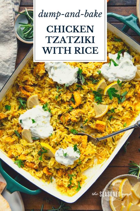 The easiest chicken tzatziki bakes in a casserole with rice, and is finished with a creamy, garlicky yogurt sauce, fresh lemon, and bright herbs. Pair the dish with crisp veggies and pita bread for a light, healthy, and flavorful meal! Dinner Ideas With Veggies, Chicken Tzatziki Recipes, Easy Group Meals, Easy Rice Dinners, Low Cholesterol Meals Dinner Ideas, Chicken Dinners Healthy, Veggie Packed Dinners, Dinners With Rice, Warm Dinner Recipes