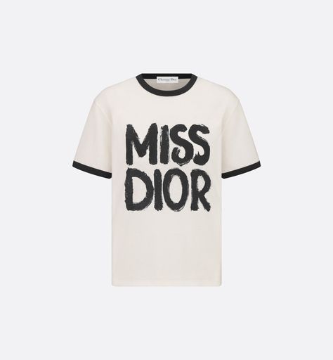 T-Shirt White Cotton and Linen Jersey with Black Miss Dior Graffiti Motif | DIOR Dior Tshirt, Denim Swimsuit, Dior Shirt, Dior Star, Style Moodboard, Maria Grazia Chiuri, Contrasting Trim, Short Denim, Maria Grazia