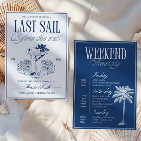 It's her last sail before the veil! 🍸🛳💍 Time to celebrate with this ocean inspired bach social club bachelorette weekend itinerary, for a hens party getaway like no other! This nautical bachelorette party invite set is easy to edit, ready for your sailor themed bachelorette party. Planning a sailing bachelorette party weekend for the beach loving bride to be just got easier! With these stunning bach social club themed bachelorette invitation & bachelorette weekend itinerary editable templa... Cruise Themed Bachelorette Party, Maine Bachelorette Party, Hamptons Bachelorette Party Theme, Fort Lauderdale Bachelorette Party, Last Sail Before The Veil Bachelorette, Sailing Bachelorette Party, Bach Itinerary, Club Invitation, Last Sail Before The Veil