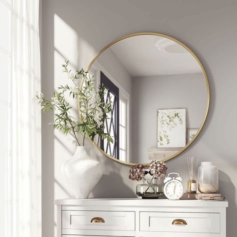 Modern Bathroom Mirrors, Cabin Bathroom, Round Gold Mirror, Large Round Mirror, Farmhouse Mirrors, Small Entryways, Vanity Wall Mirror, Mirror Metal, Circle Mirror