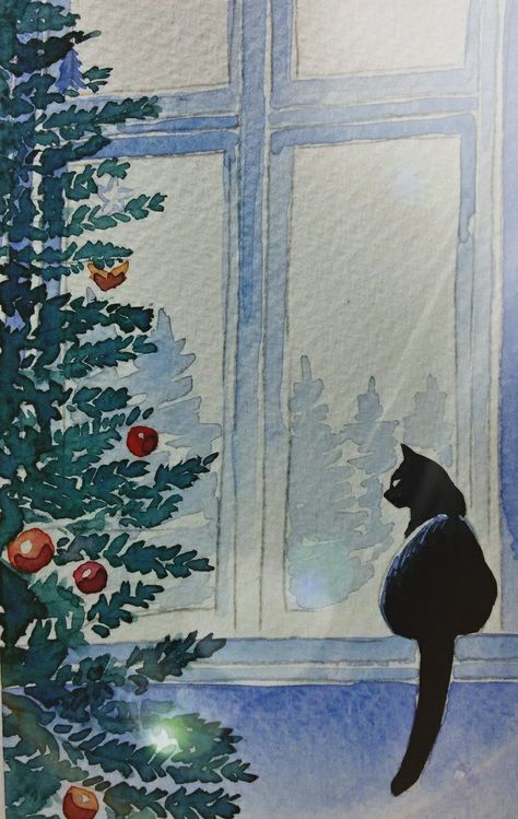 Saturated Art, Painted Christmas Cards, Canvas For Beginners, Christmas Painting, Watercolor Christmas Cards, Watercolor Paintings Easy, 수채화 그림, Watercolor Cat, Watercolor Art Lessons