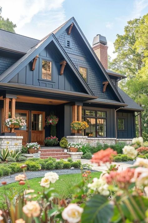 Blue Brown House Exterior, Deep Blue Exterior House, Blue Farmhouse Exterior White Trim, Blue And Black Home Exterior, Navy Blue Homes Exterior, Marine Blue House Exterior, Smokey Blue House Exterior, Blue And Wood House Exterior, Shades Of Blue Exterior House Paint